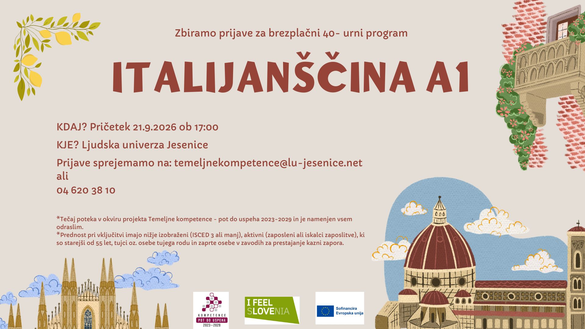 Odpiramo prijave za tečaj: Italijanščina A1